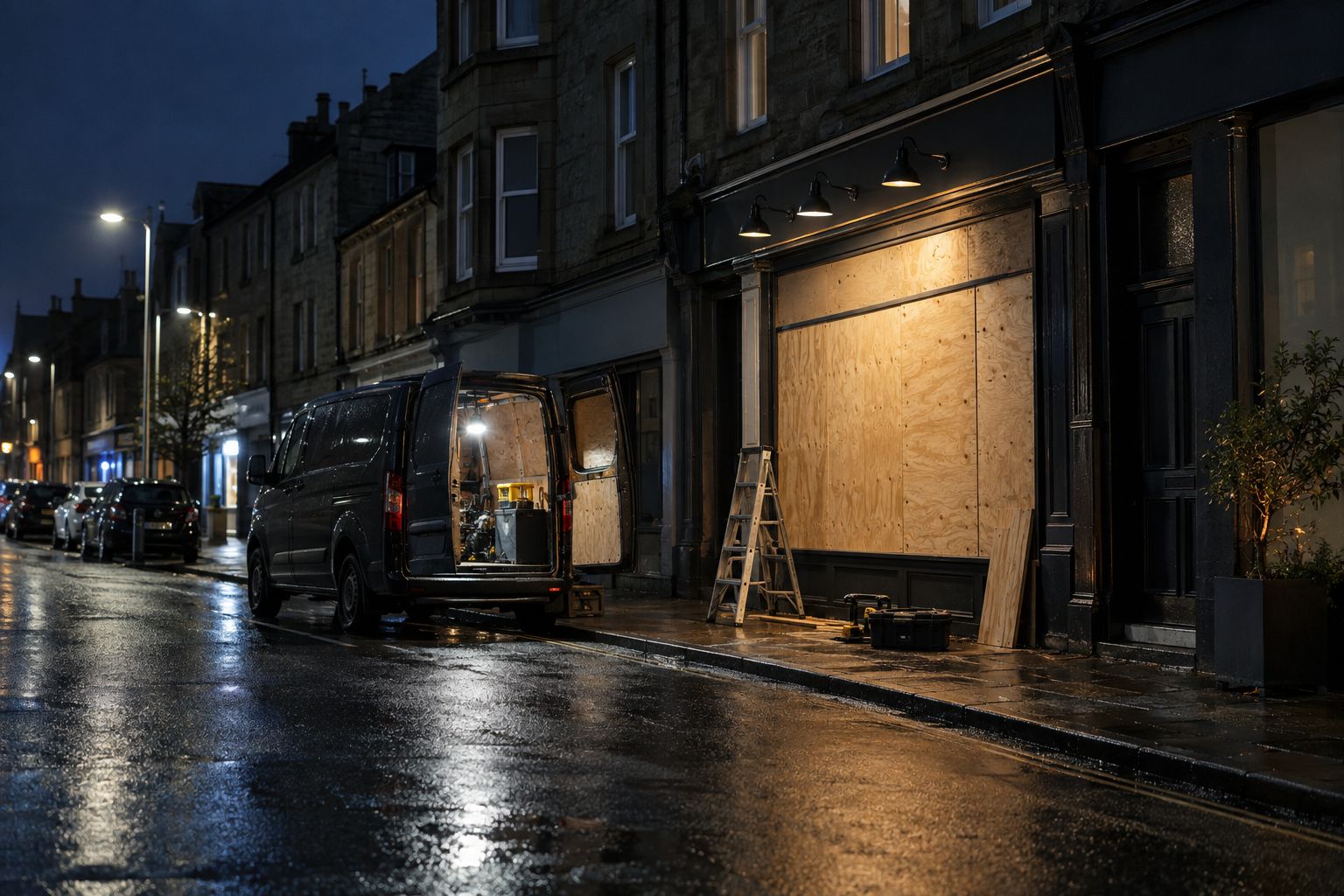 A shop window boarded up at night on a Fife high street, van parked outside