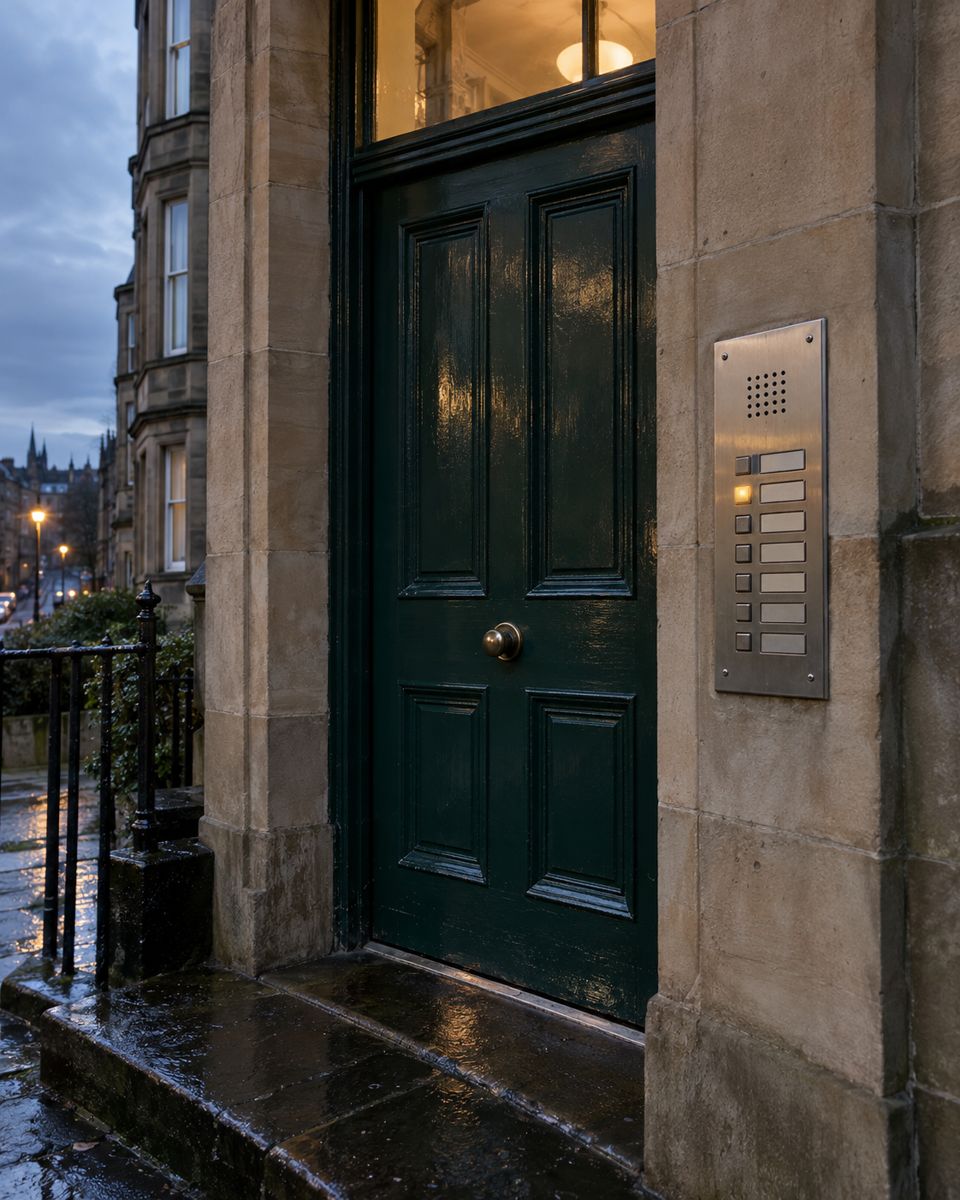 A bottle-green tenement close door with a steel door-entry panel