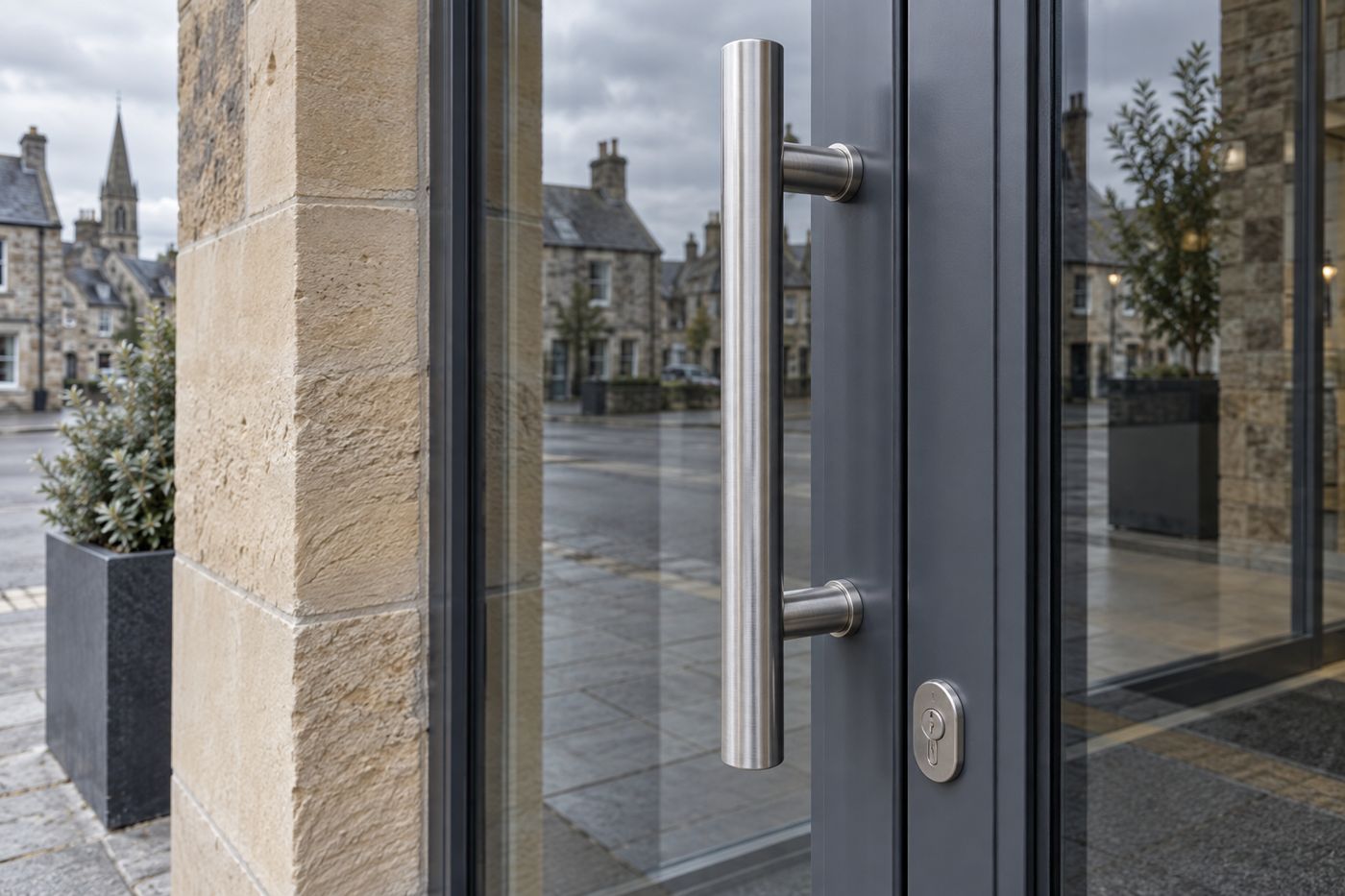 A glass shop door with new stainless steel hardware
