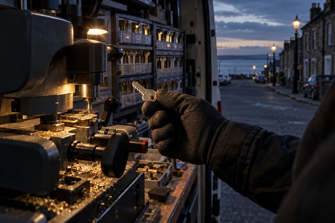 A key being cut in the back of a locksmith's van