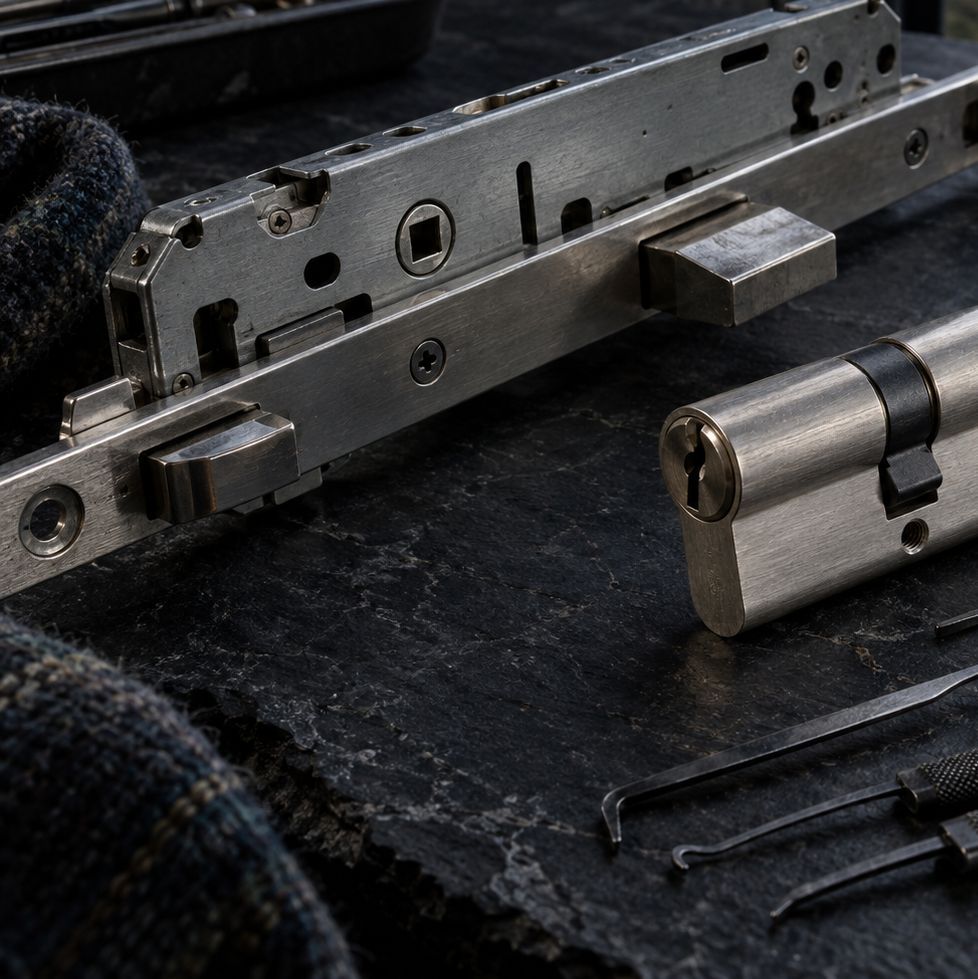 A uPVC multipoint lock mechanism and euro cylinder on a slate bench