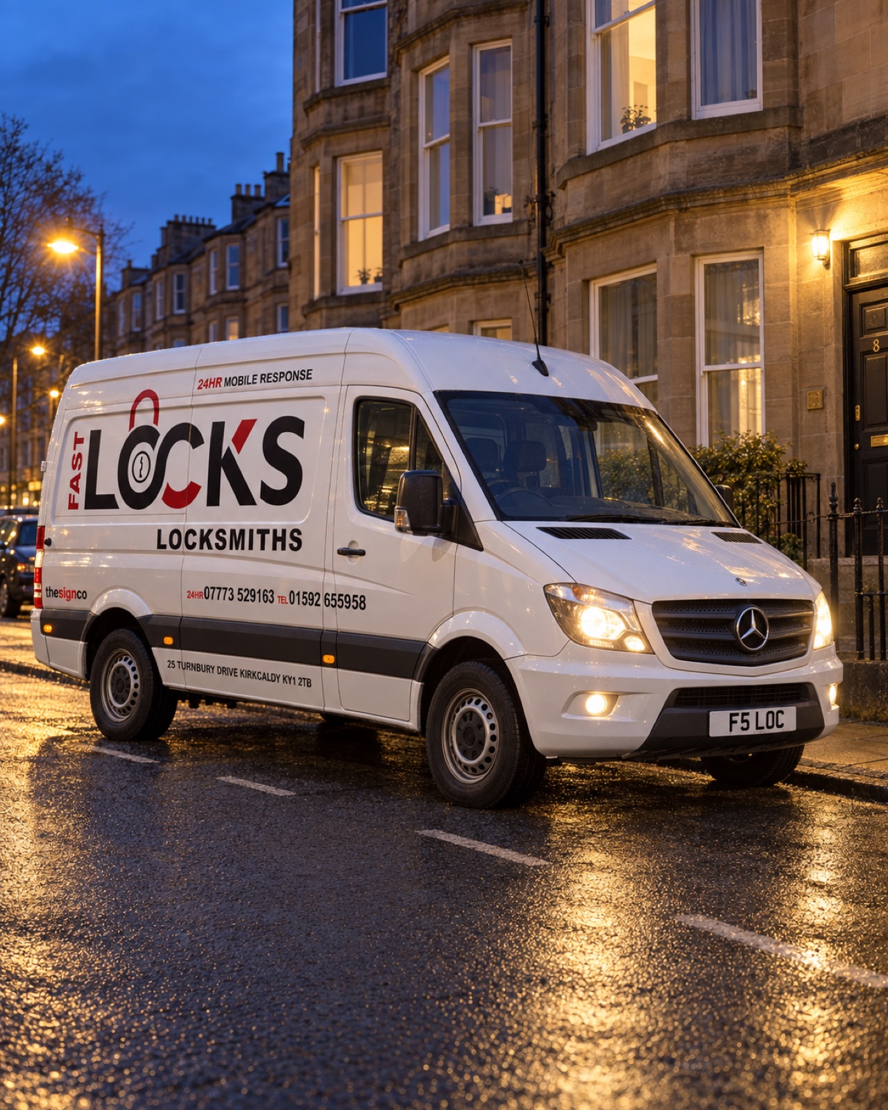 The Fast Locks van at dusk with headlights on, front plate F5 LOC