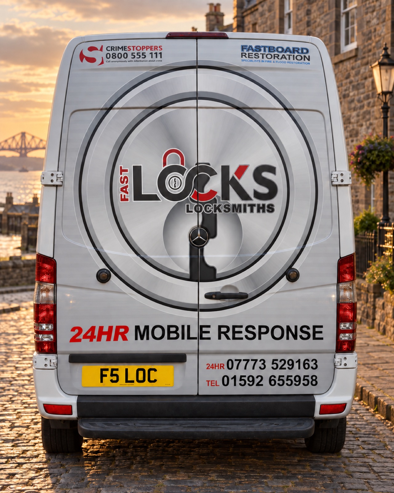 The back doors of the Fast Locks van with the padlock graphic and rear plate F5 LOC
